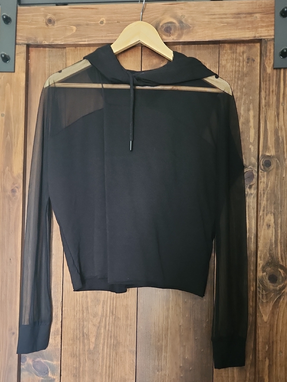 Marcella Black Sheer-Sleeve Hoodie Top - Women's